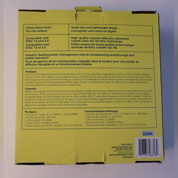 onn. VHF/UHF 4G/5G Filter Coaxial Directional Indoor 1080 HDTV Antenna, Slim - Picture 6 of 6